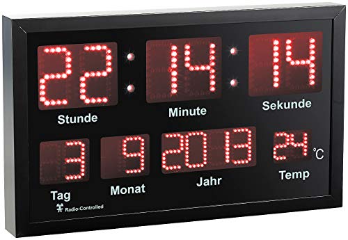 Lunartec LED-Uhren Funk-Wanduhr rot Datum Temperatur Metall