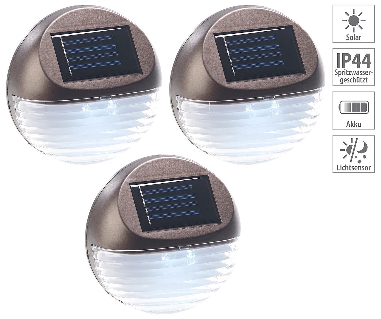 Lunartec Außenbeleuchtung Solar-Zaunleuchte 3er-Set tageslichtweiß IP44