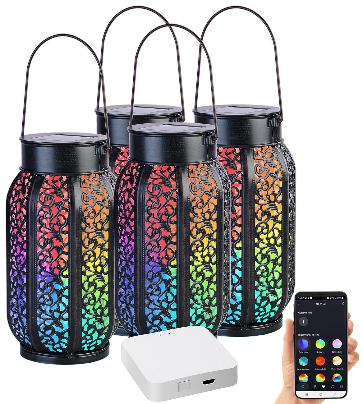 Lunartec Außenbeleuchtung Solar-Laterne App 4er-Set RGB