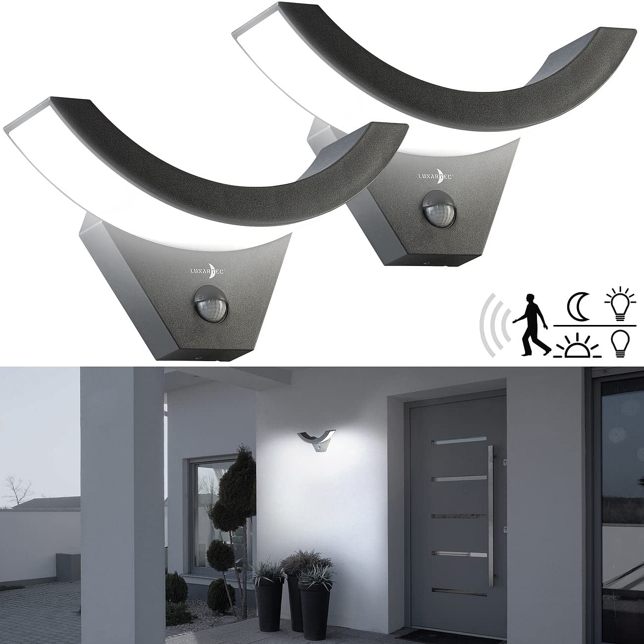 Lunartec Außenbeleuchtung LED-Wandleuchte 2er-Set PIR