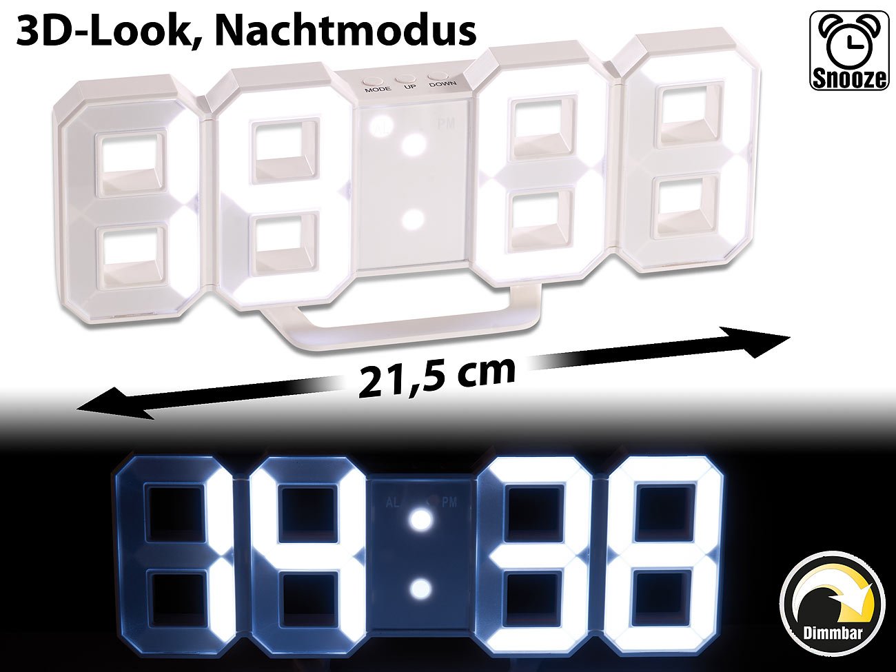 Lunartec LED-Uhren 3D Digital-Wanduhr LED weiß Netzteil