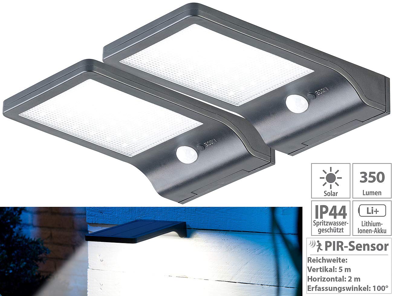 Lunartec Außenbeleuchtung Solar-Wandleuchte WL-122 2er-Set 350 lm