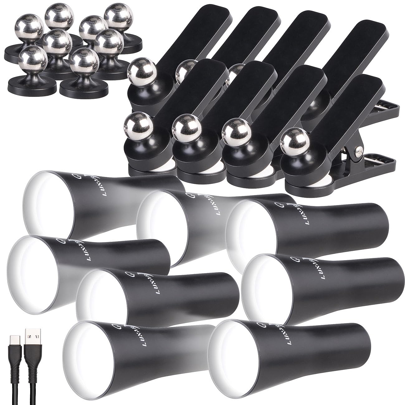 Lunartec Taschenlampen 3in1 Akku-Lampe schwarz 8er-Set 150 lm