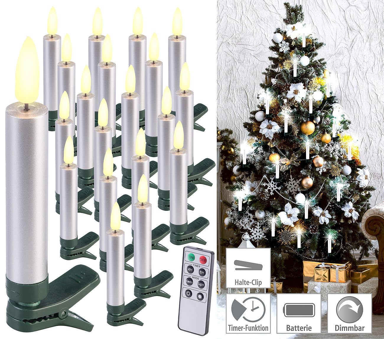Lunartec Licht-Dekoration Christbaumkerzen LED Silber 20er-Set