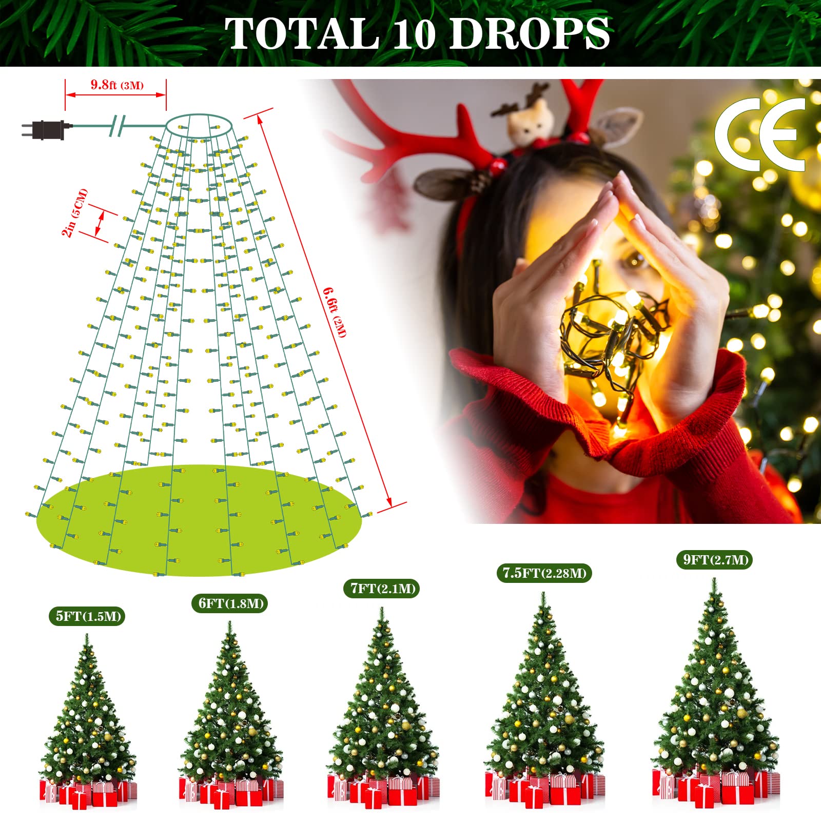 elktry Weihnachtsbaum Lichterkette Ring 400 LED warmweiß 2M