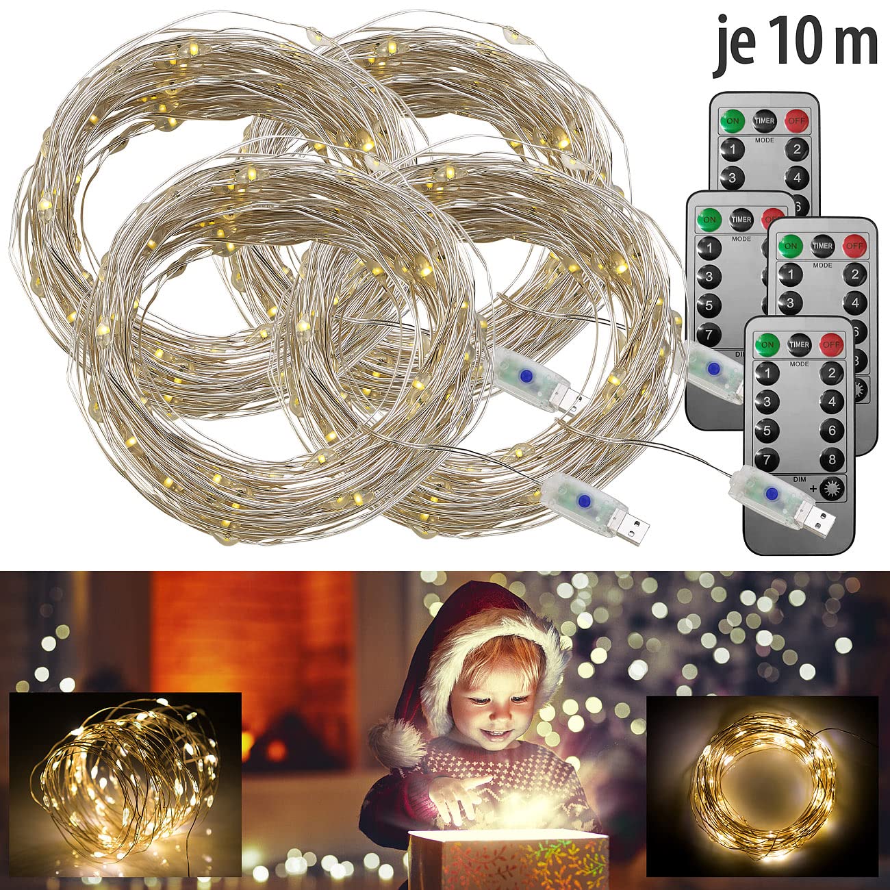 Lunartec USB-Lichterkette warmweiß 10m 4er-Set mit Timer
