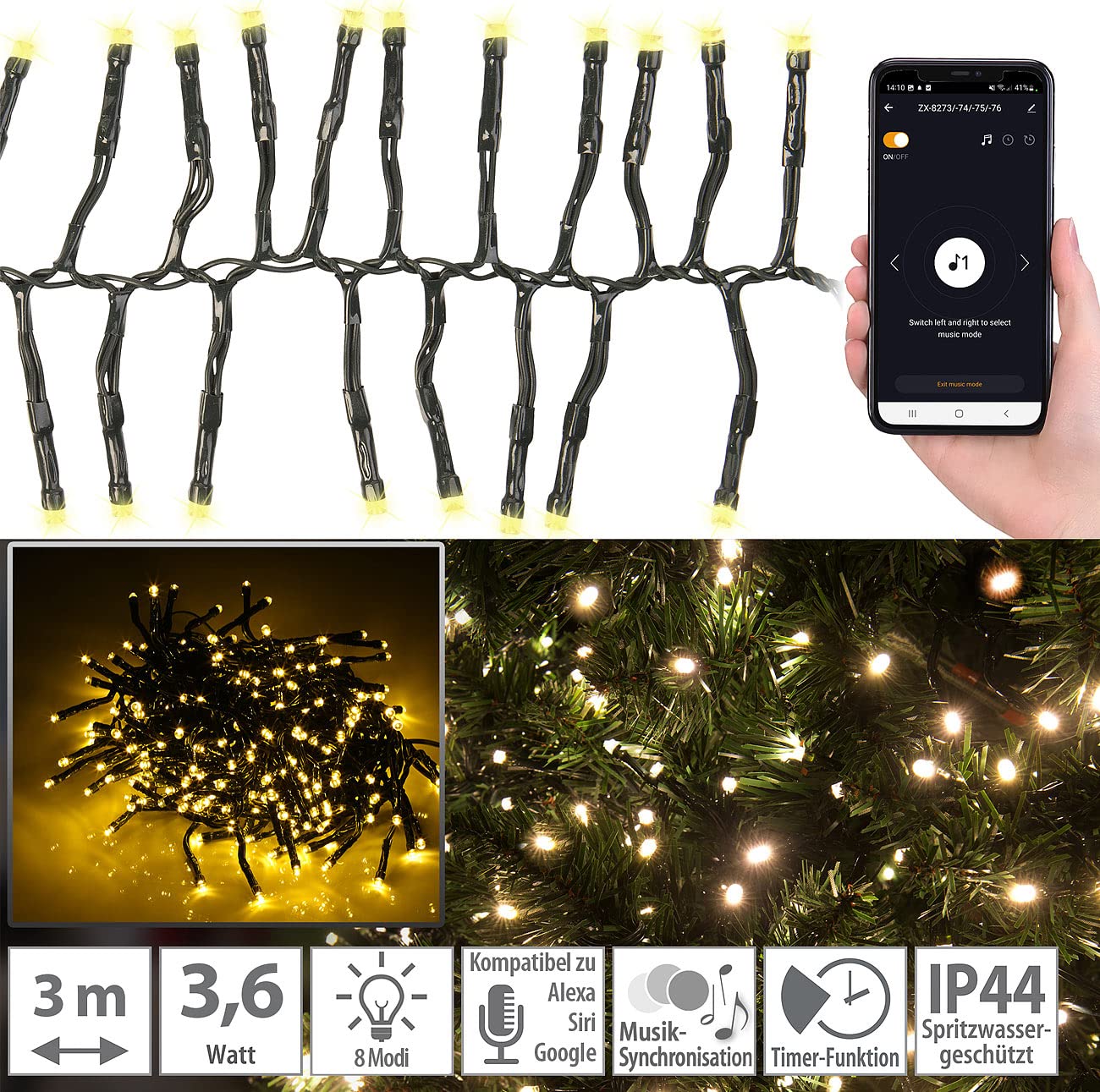 Lunartec Licht-Dekoration Büschel-Lichterkette 300 LEDs 3m WLAN