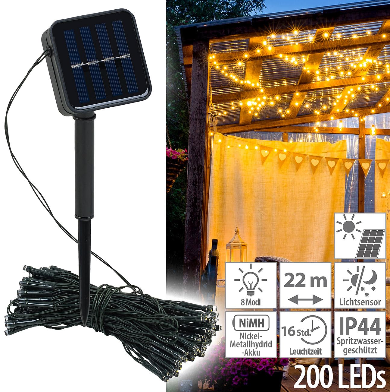 Lunartec Licht-Dekoration Solar-Lichterkette 200 LED 20 m
