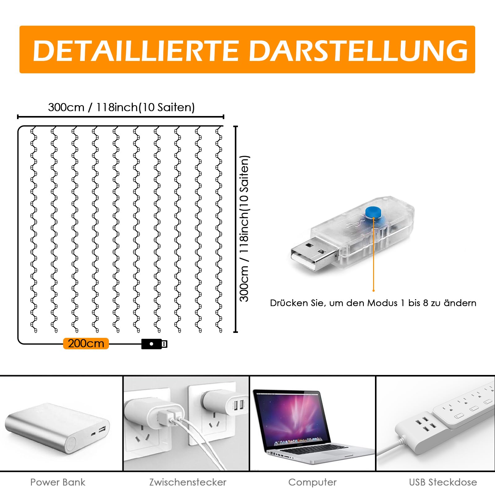 WEARXI Lichterketten Lichtvorhang 300 LED 3x3m warmweiß