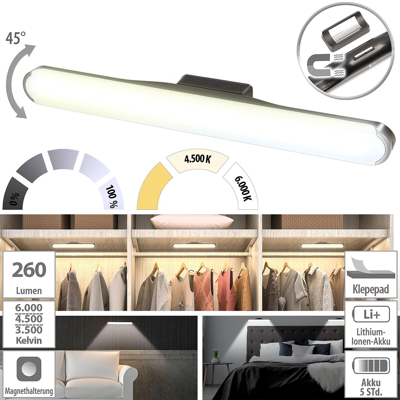 Lunartec Innenbeleuchtung Akku-Leselampe Wand 35 cm dimmbar