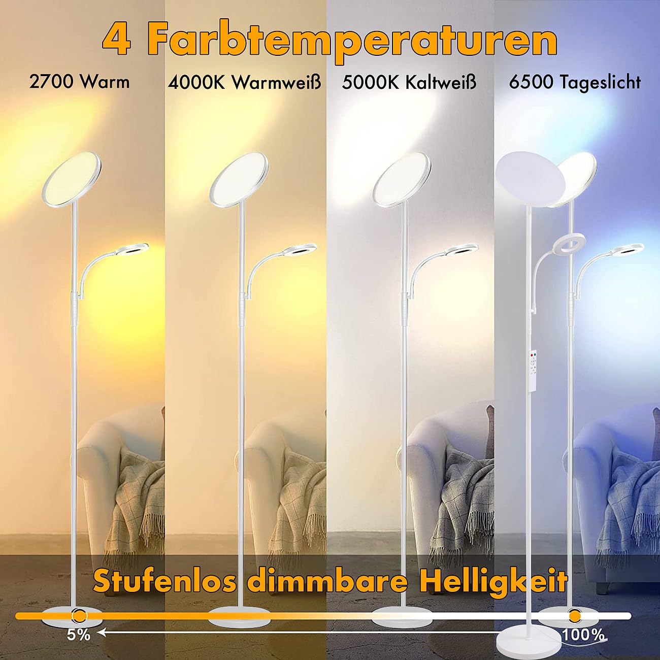 Lunartec Innenbeleuchtung LED-Stehlampe weiß 175 cm dimmbar