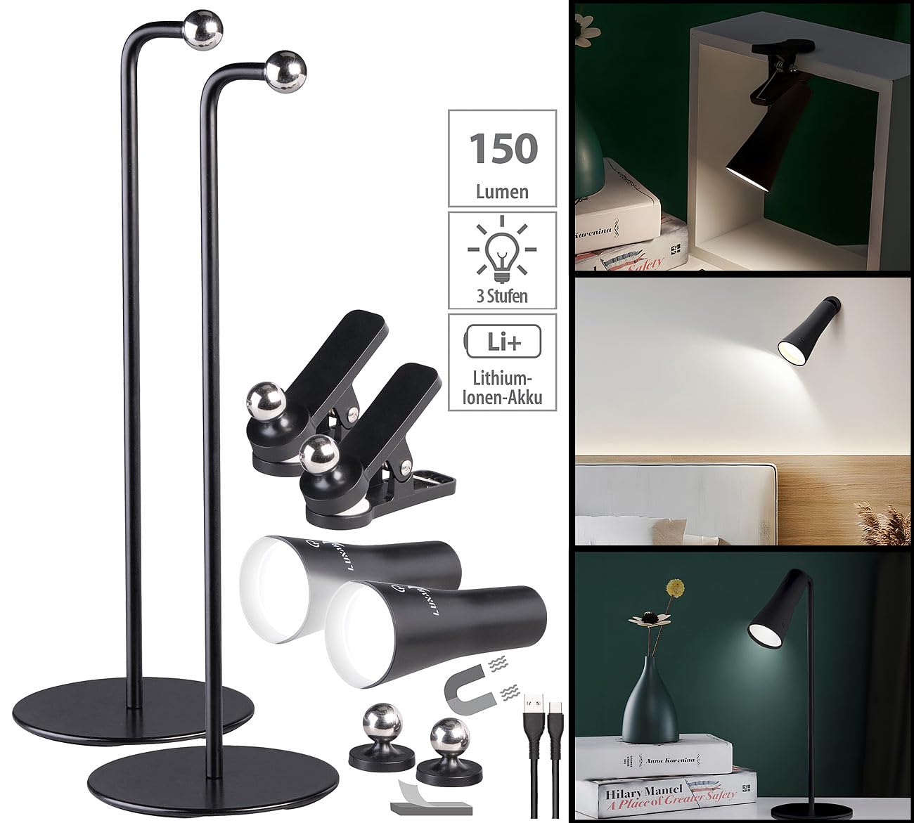Lunartec Taschenlampen 4in1 Akkuleuchte 2er-Set schwarz 150 lm