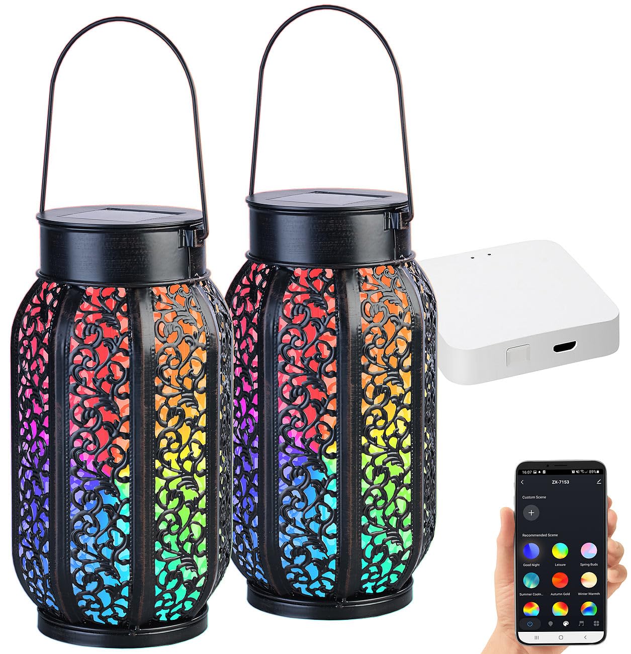 Lunartec Außenbeleuchtung Solar-Laterne 2er-Set RGB-CCT WLAN-Gateway