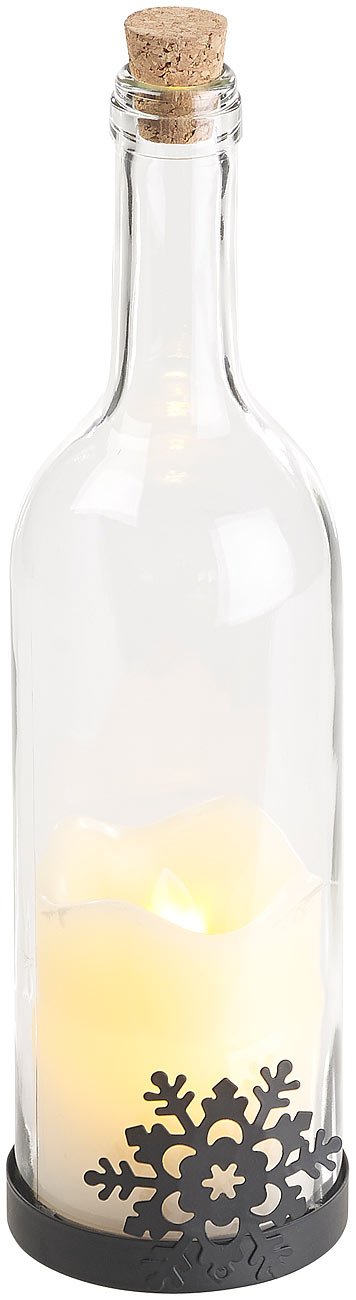 Lunartec Licht-Dekoration Deko-Glasflasche LED-Kerze Schneeflocke