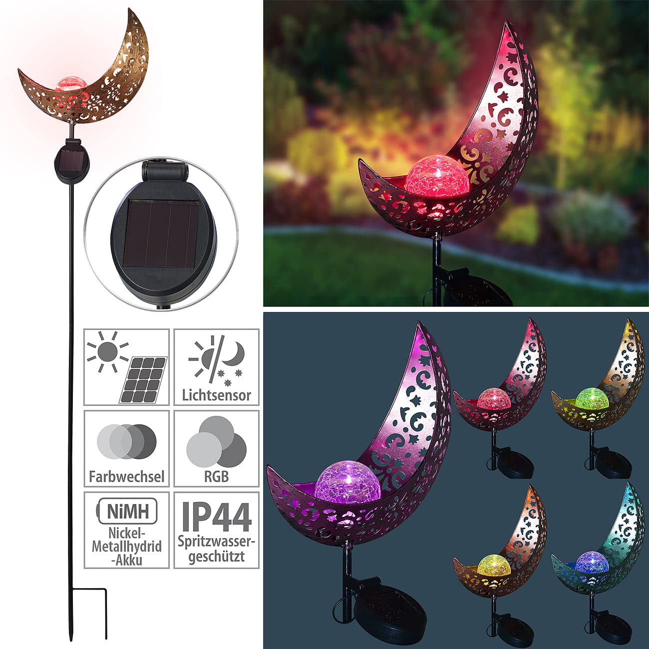 Lunartec Licht-Dekoration Solar-Mondleuchte RGB mit Erdspieß