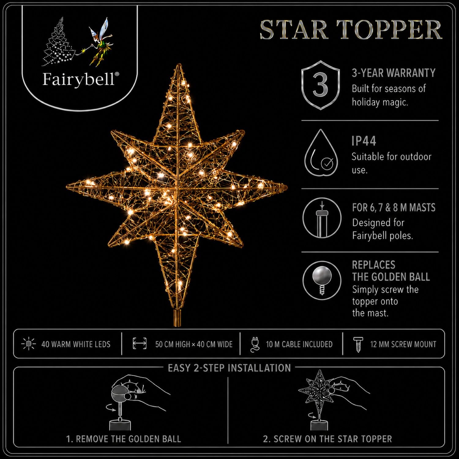 Fairybell Accessories Spitze Stern Gold 40cm Warmweiß