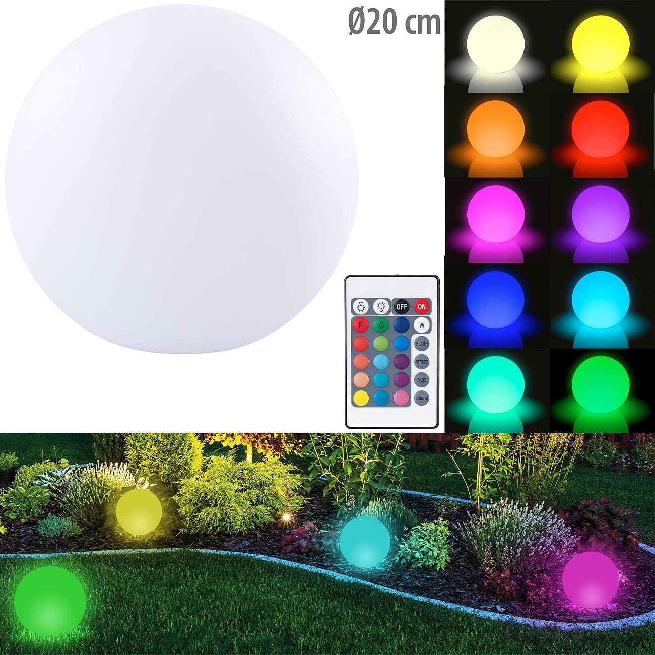 Lunartec Licht-Dekoration Leuchtkugel Akku Ø20cm RGBW IP54