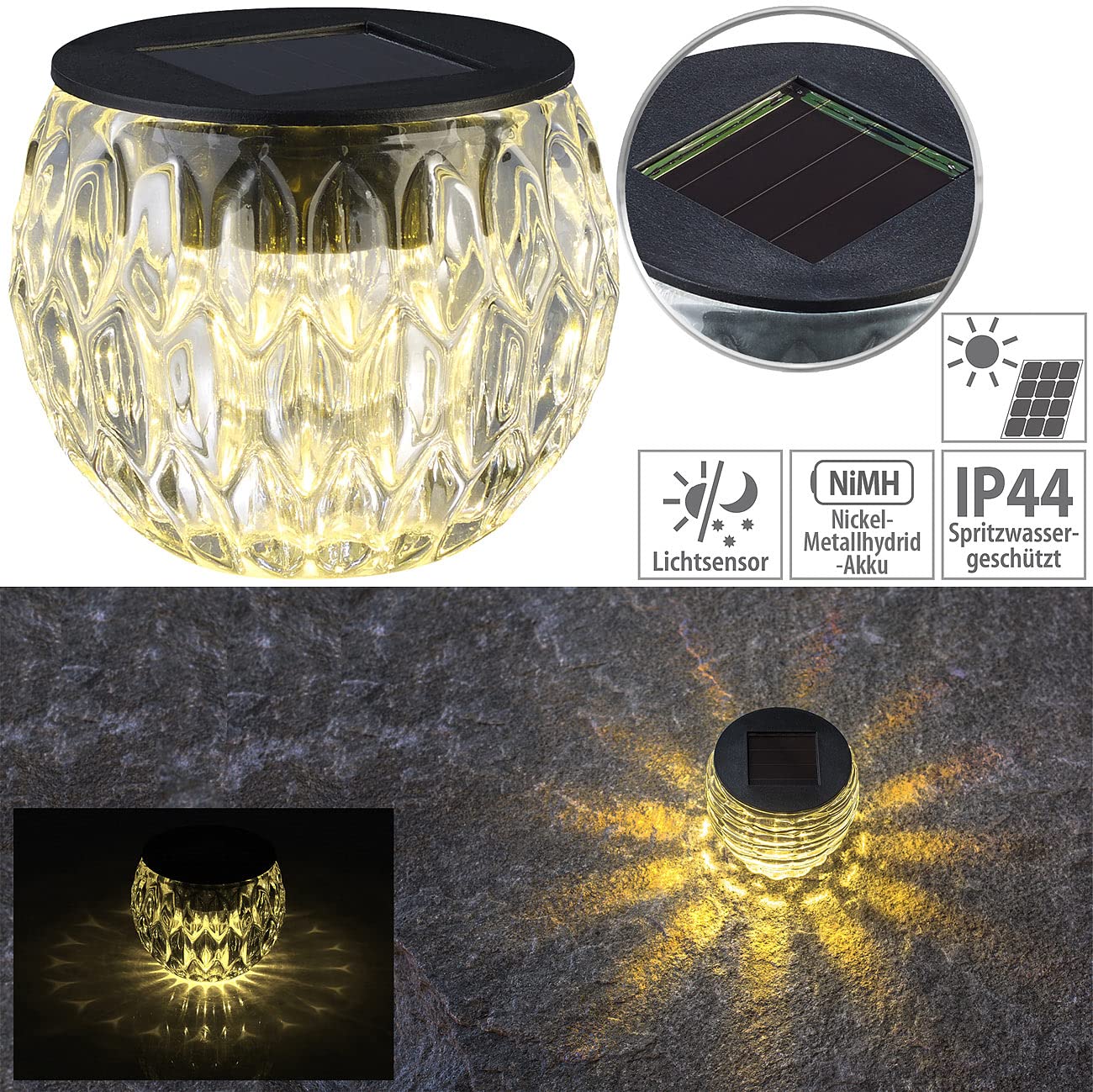 Lunartec Außenbeleuchtung Solar-LED-Windlicht Liora Glas IP44