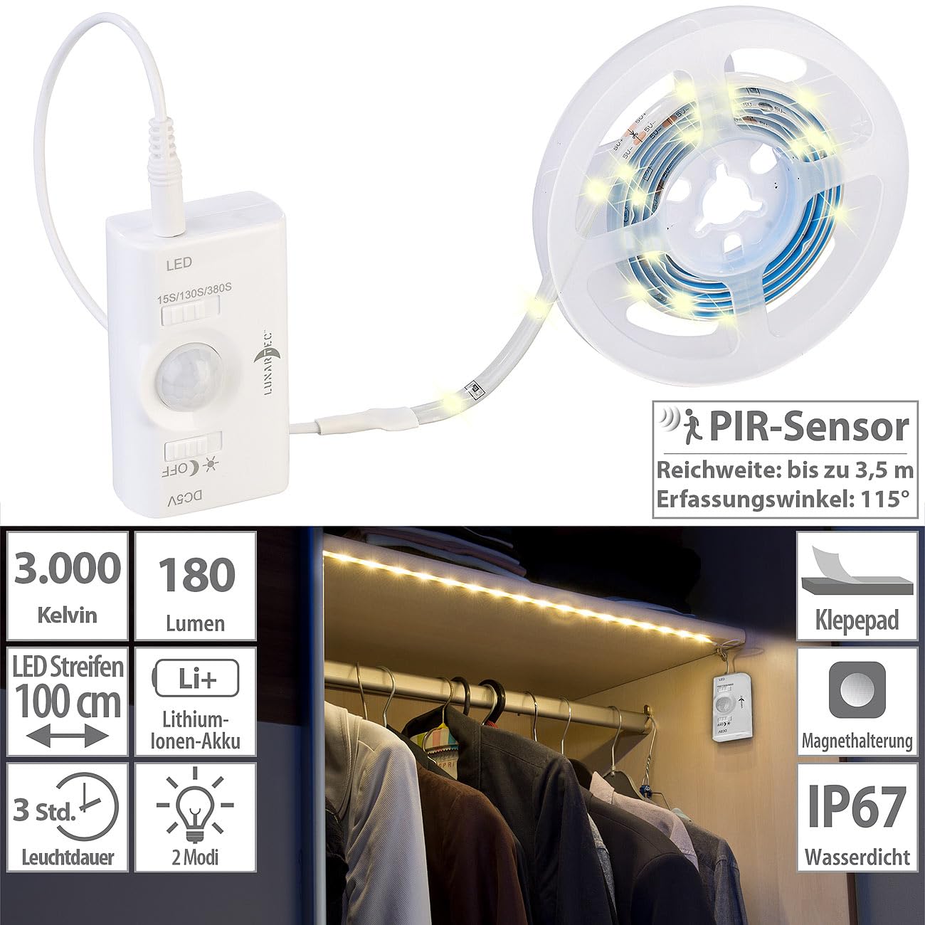 Lunartec Akku-LED-Streifen warmweiß 100cm mit Sensor