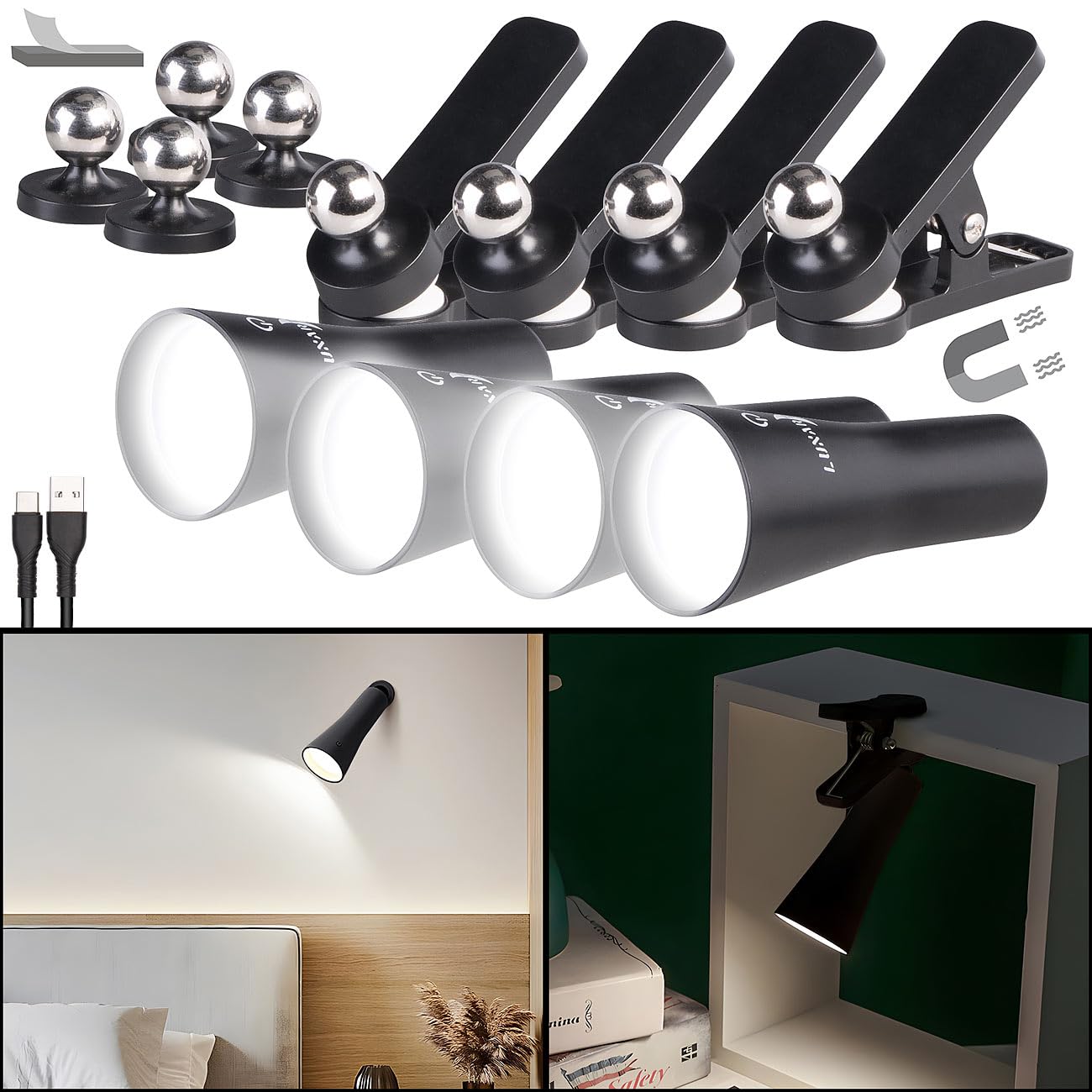 Lunartec Taschenlampen 3in1 Klemmlampe schwarz 4er-Set 150 lm