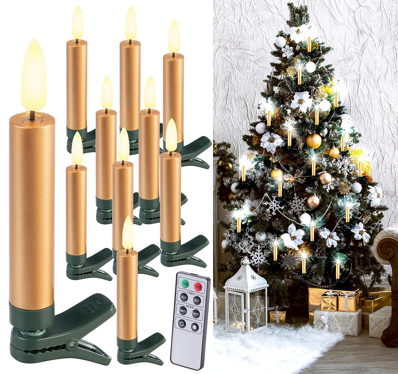 Lunartec Licht-Dekoration LED-Weihnachtskerzen 10er-Set Gold Timer