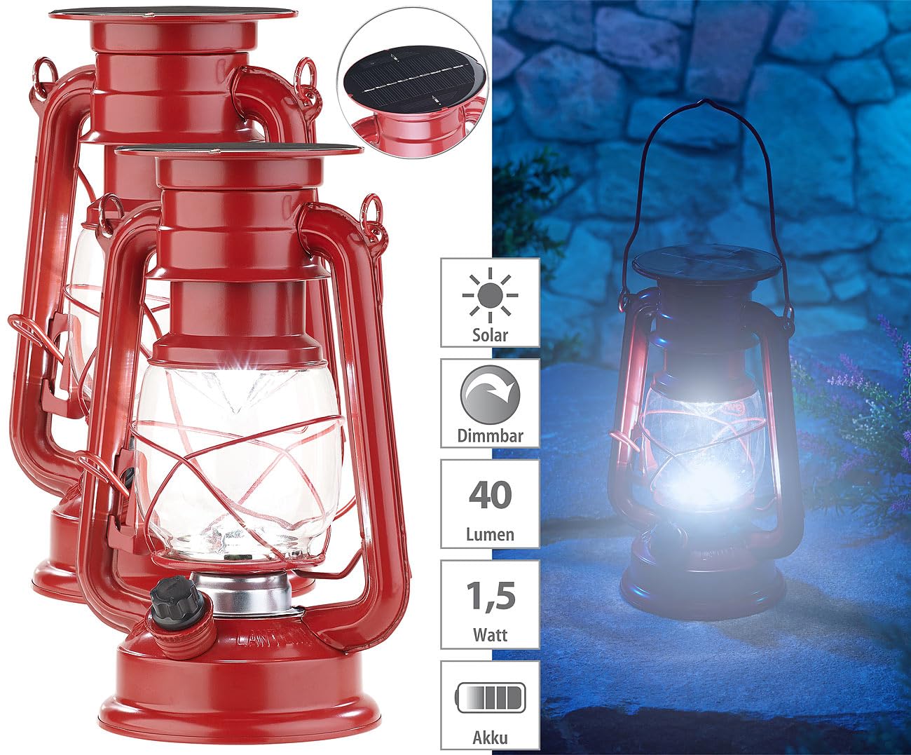 Lunartec Außenbeleuchtung Solar-Laterne 2er 23cm rot 40lm