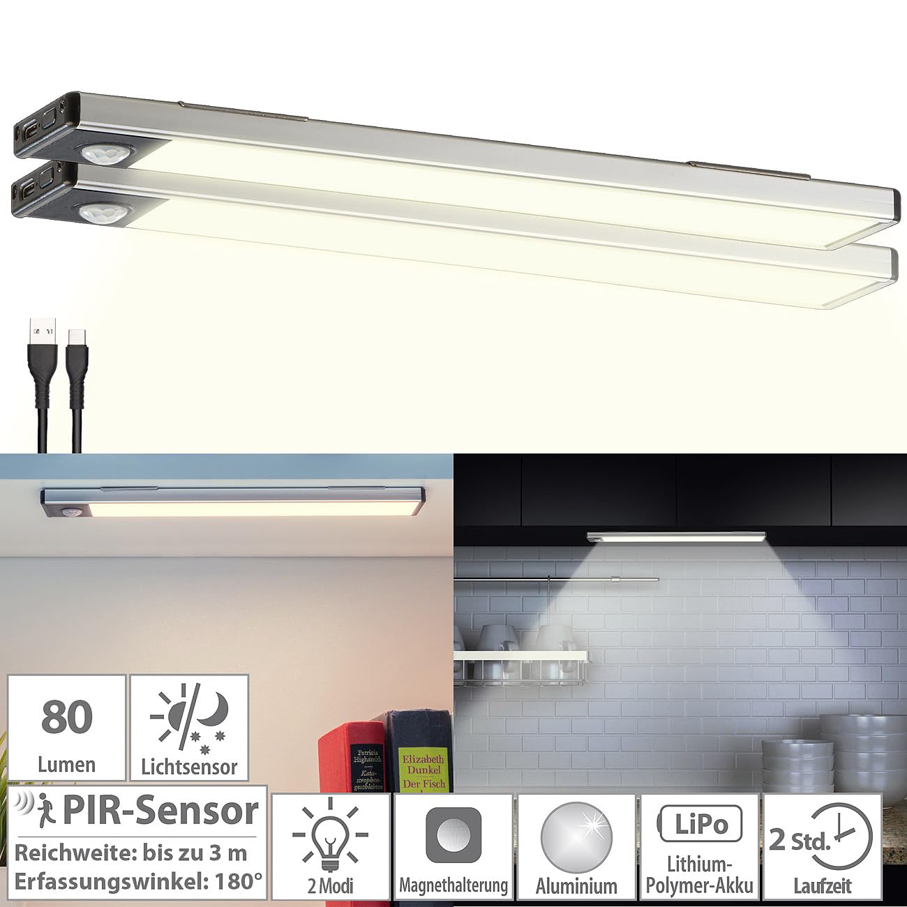 Lunartec Innenbeleuchtung LED-Lichtleiste warmweiß 2er-Set mit Sensor