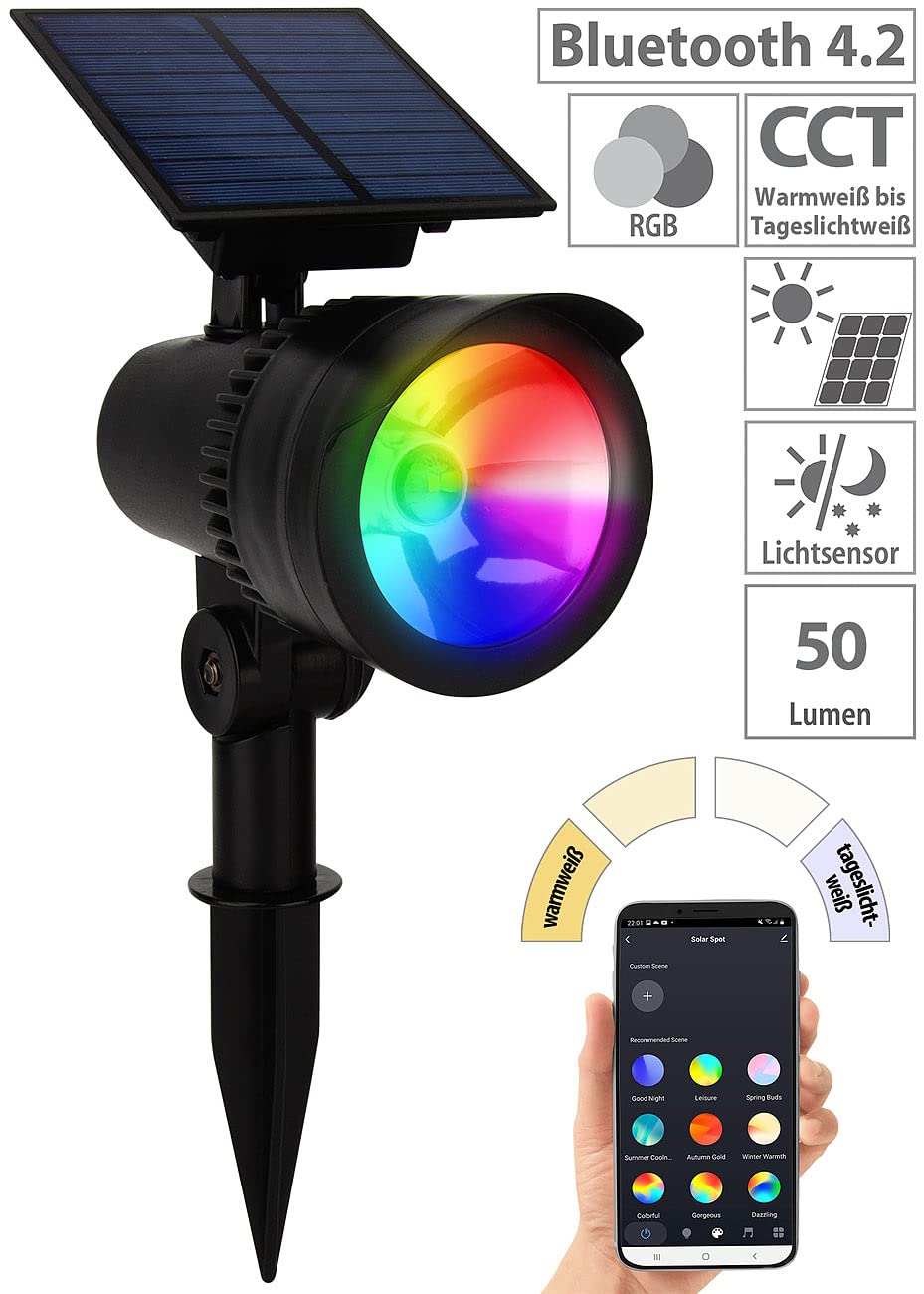 Lunartec Außenbeleuchtung Solar-Spot RGB-CCT mit App IP44