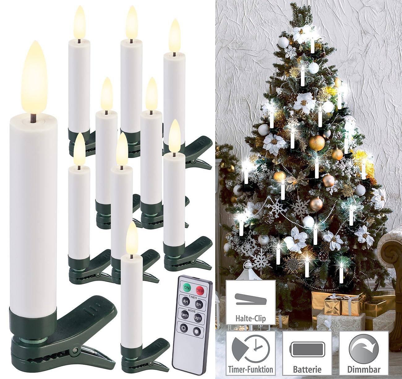 Lunartec Christbaumbeleuchtung LED-Kerzen 10er-Set weiß