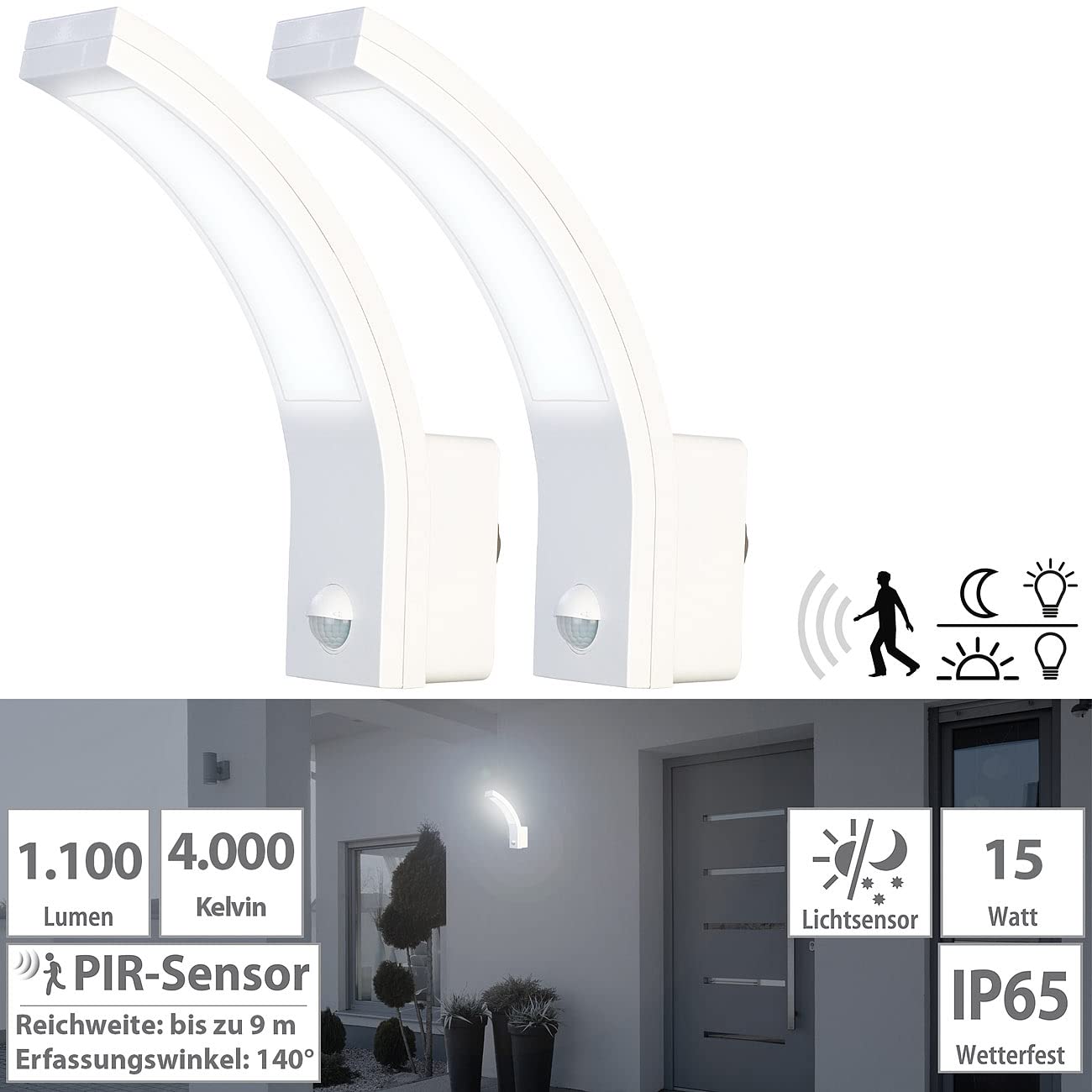 Lunartec Außenbeleuchtung Wandleuchte PIR 1100lm weiß 2er-Set
