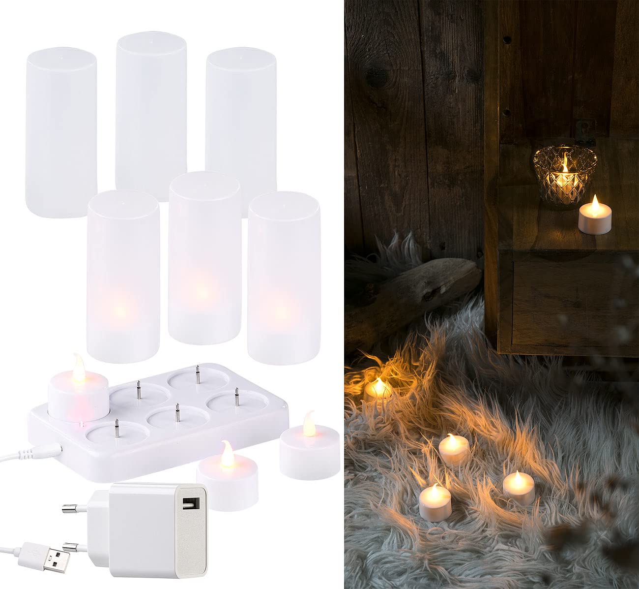 Lunartec Licht-Dekoration LED-Teelichter 6er-Set mit Ladestation