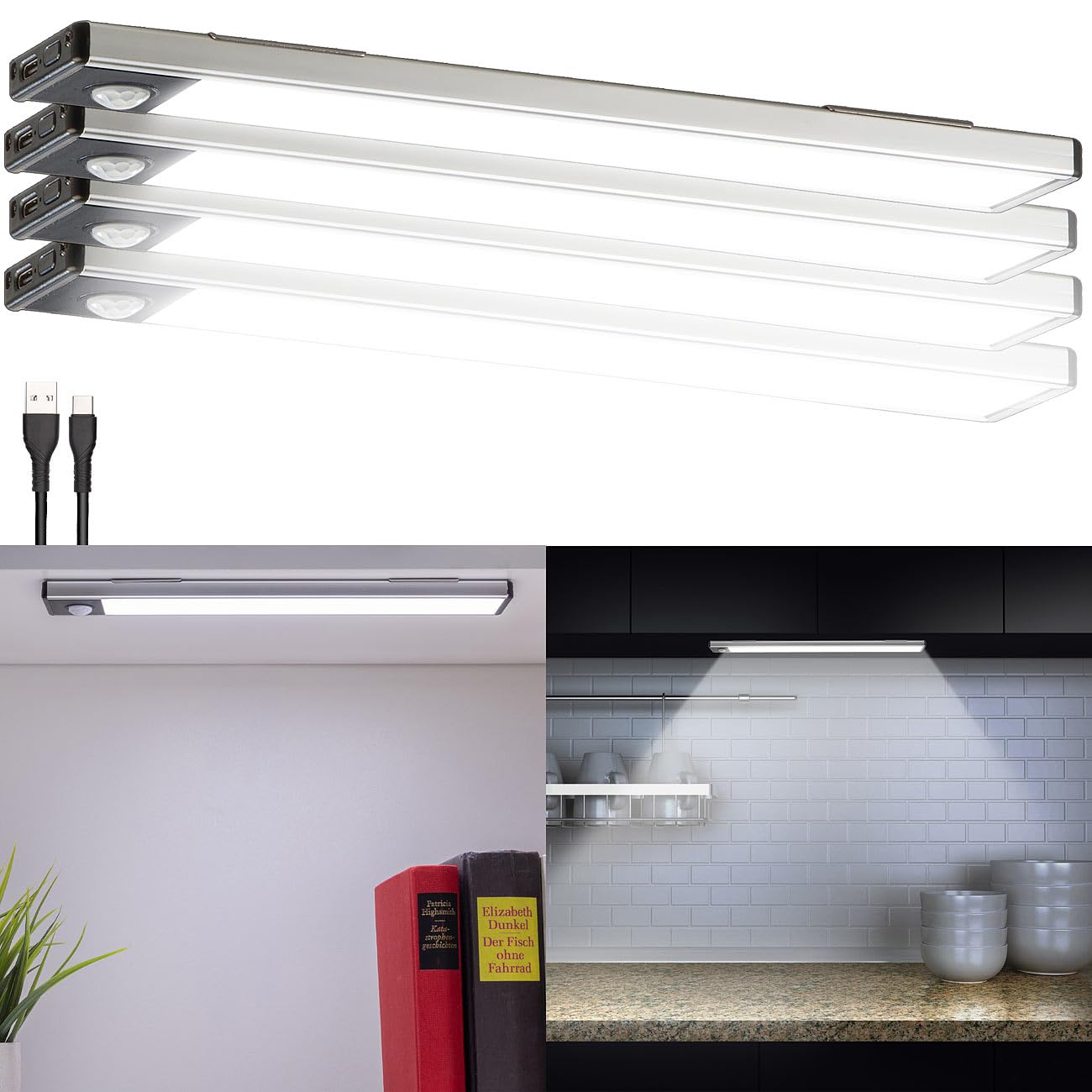 Lunartec Innenbeleuchtung LED-Lichtleiste Akku 4er-Set Sensor
