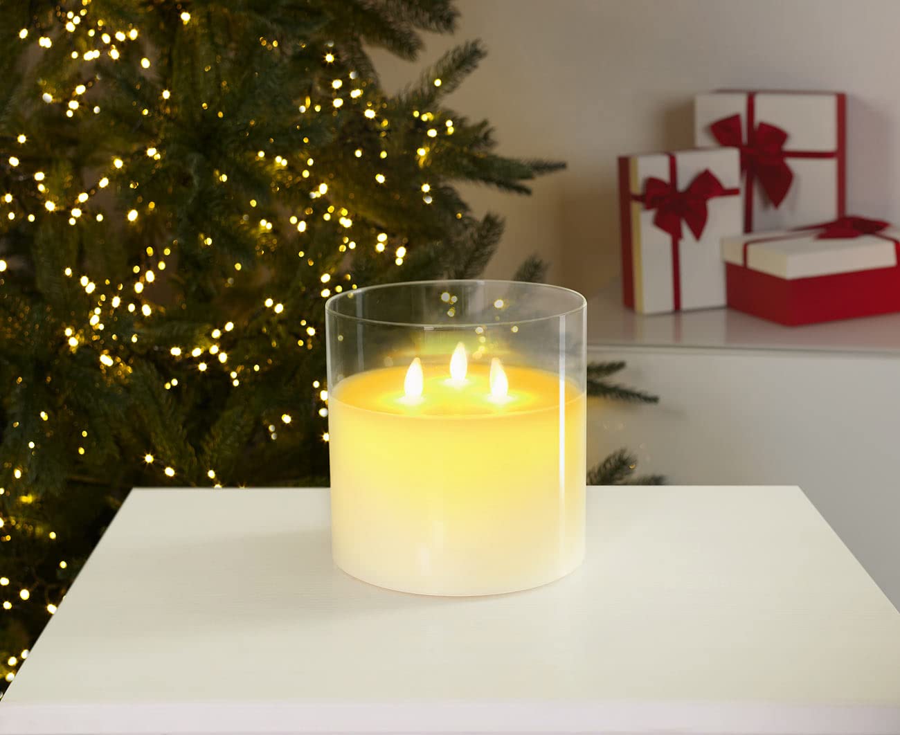 Lunartec Licht-Dekoration Echtwachs-Kerze Windglas 3 Flammen
