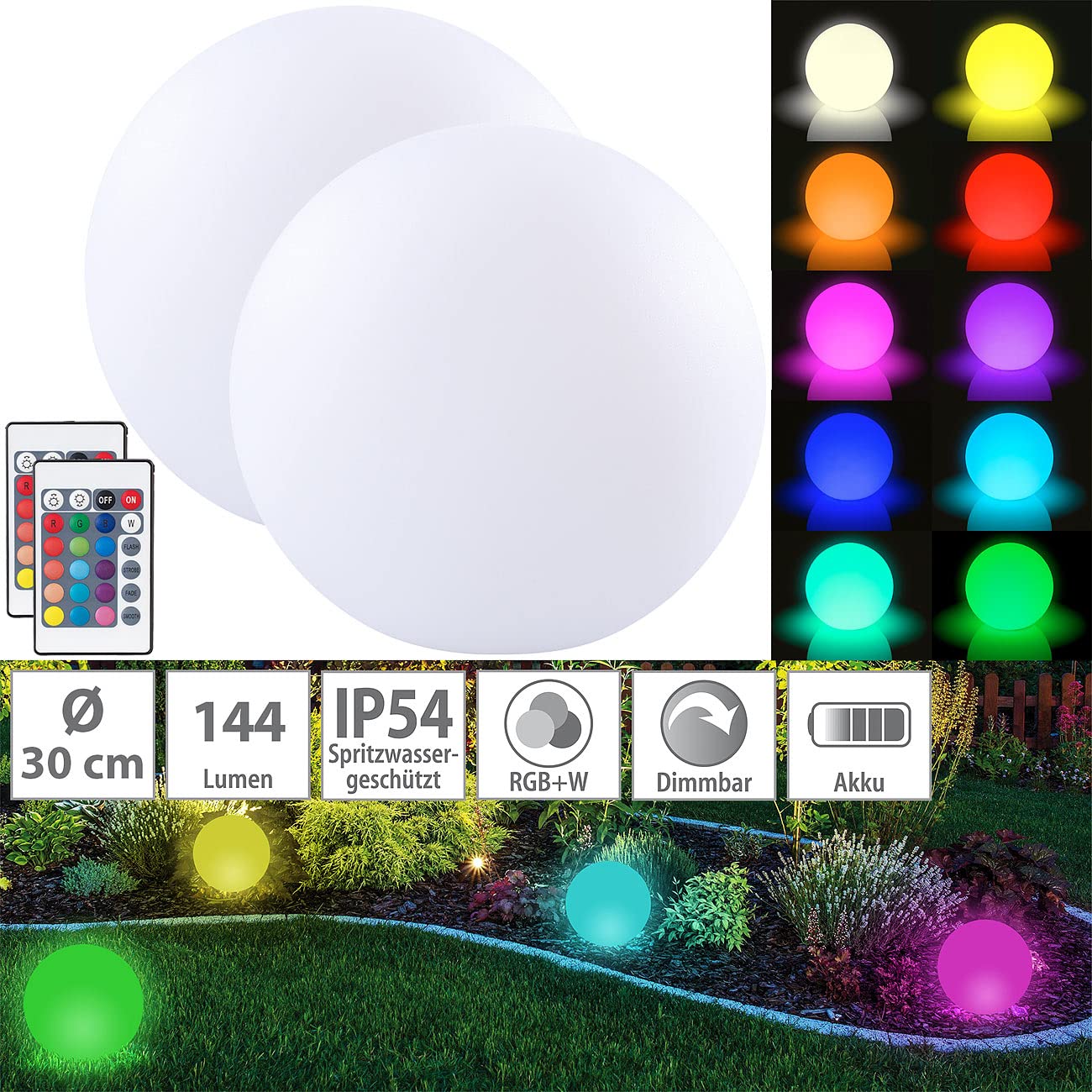 Lunartec Licht-Dekoration Akku-Leuchtkugeln 2er-Set 30cm RGBW