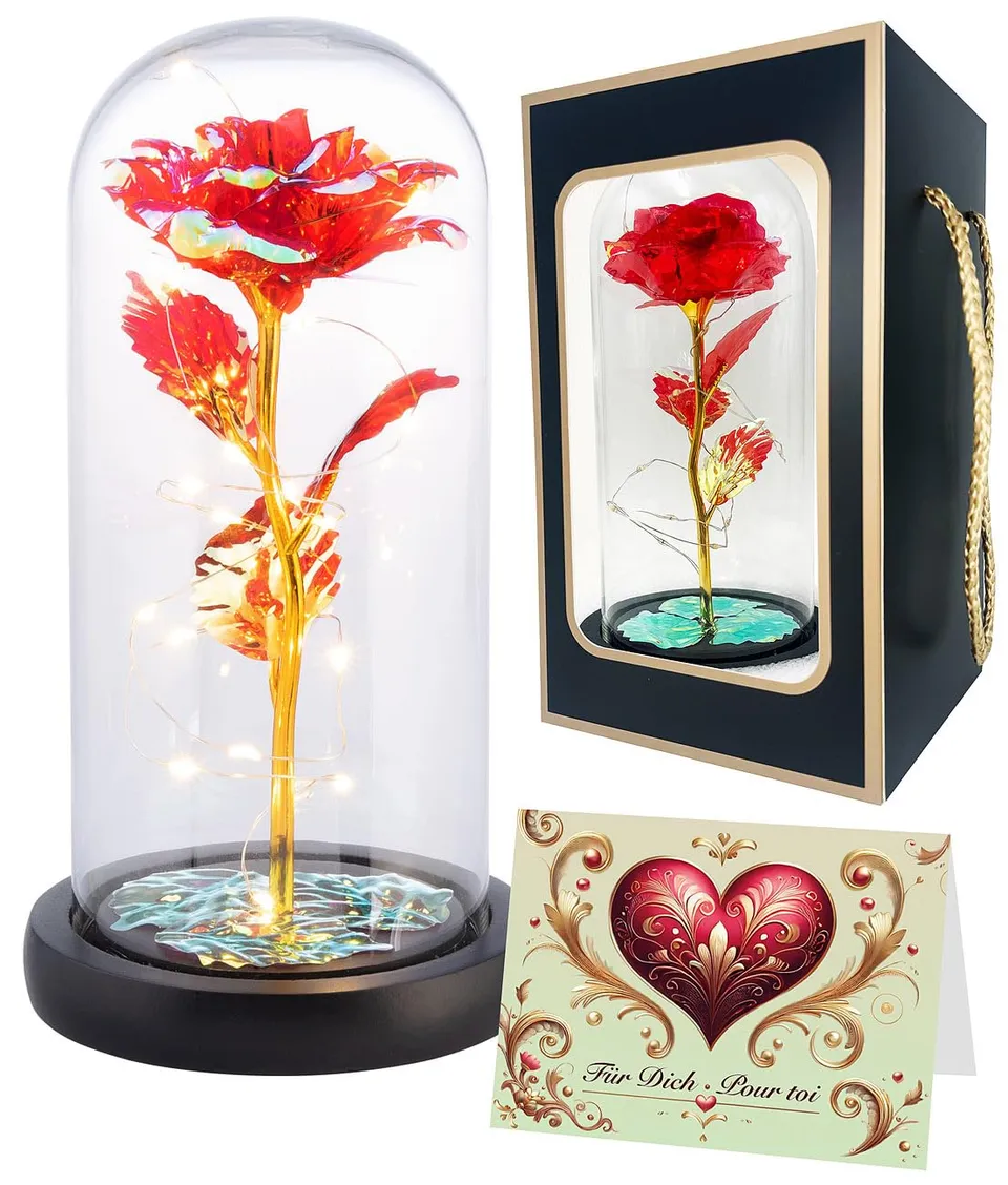 Lunartec Licht-Dekoration Rose unter Glas LED kristallrot 21,5 cm