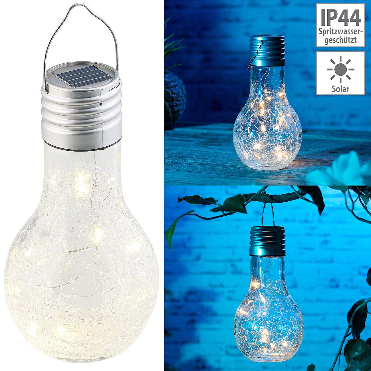 Lunartec Crackle LED-Glühbirne Solar warmweiß Dämmerungssensor