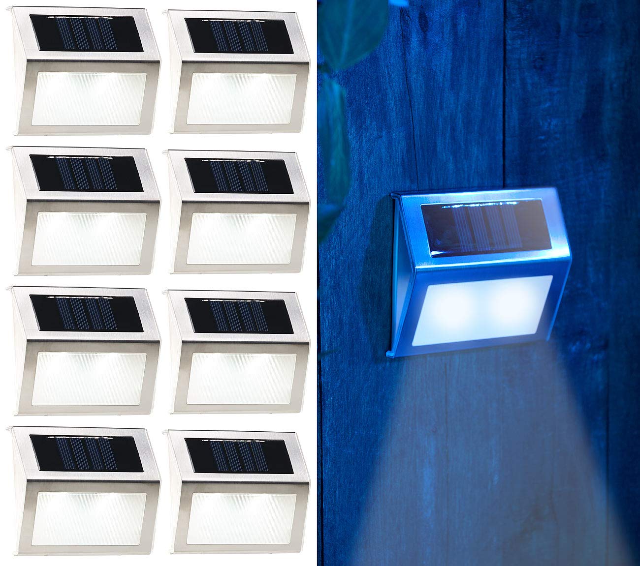 Lunartec Außenbeleuchtung Solar-Wandleuchte 8er-Set Edelstahl