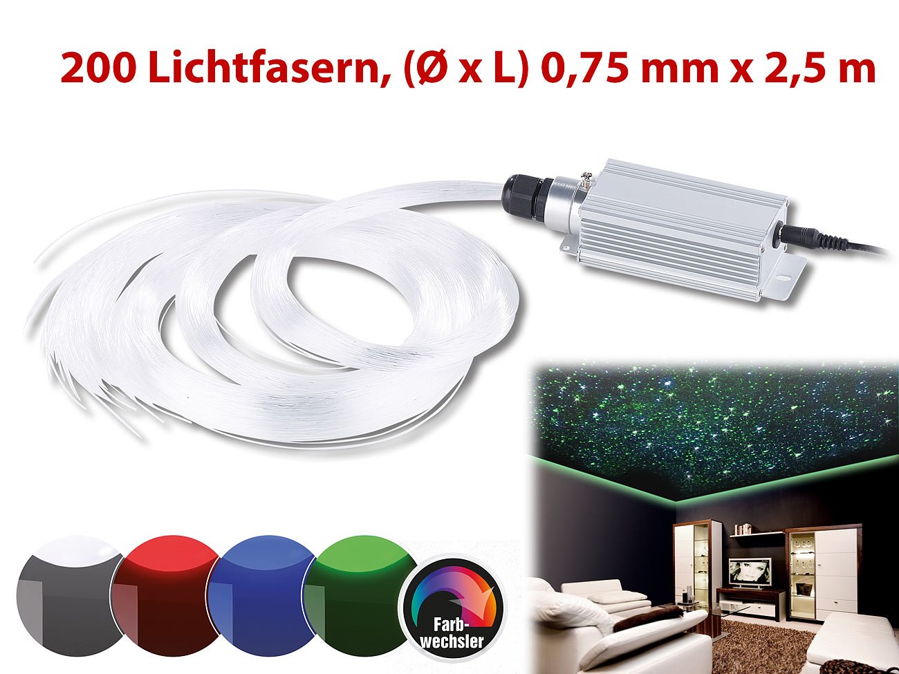 Lunartec Licht-Dekoration Glasfaser-Sternenhimmel 200 Fasern RGB