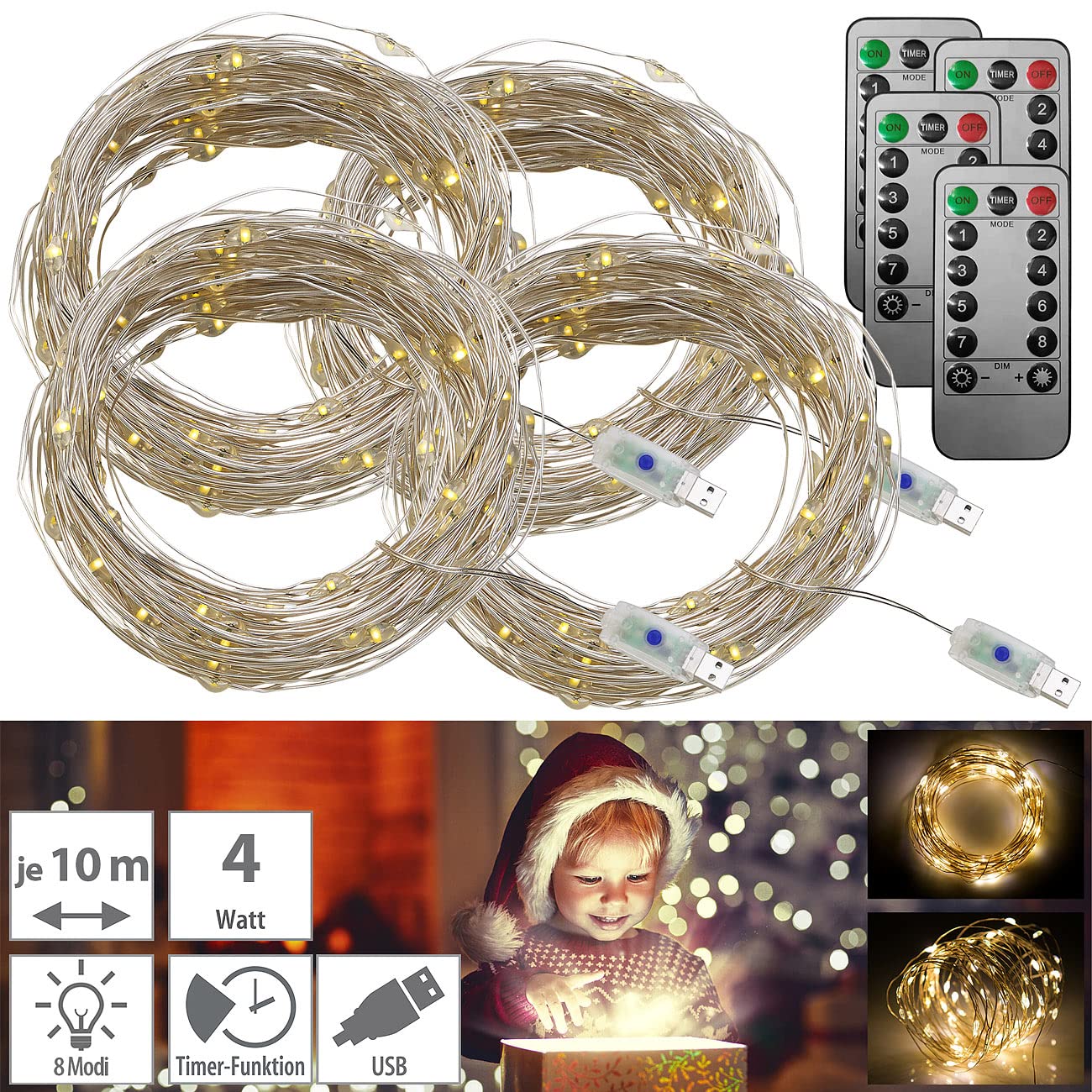 Lunartec USB-Lichterkette warmweiß 10m 4er-Set mit Timer