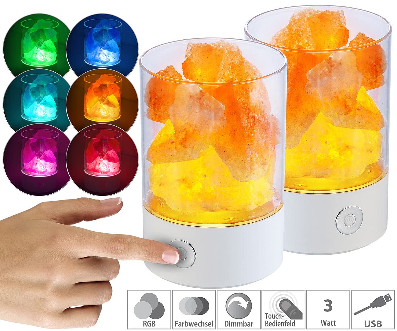 Lunartec Licht-Dekoration Steinsalzlampe RGB-LED 2er-Set 7 Farben