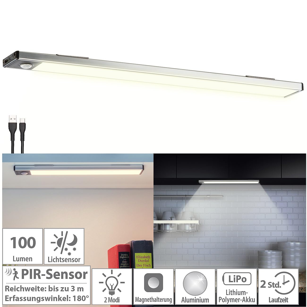 Lunartec Innenbeleuchtung LED-Unterbauleuchte warmweiß 33cm Akku