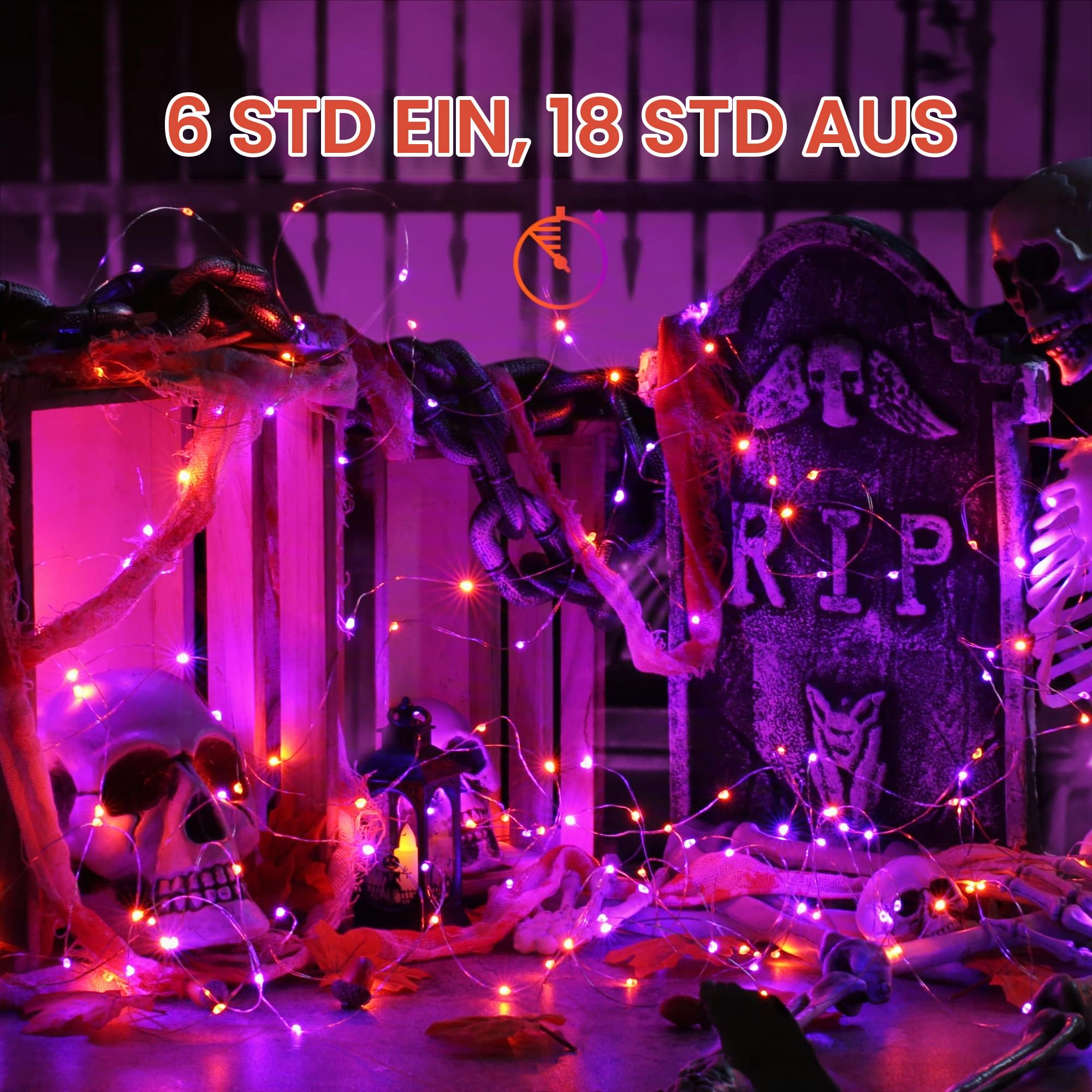 Qedertek Lichterkette 10 m 100 LED Draht Orange-Lila Batterie