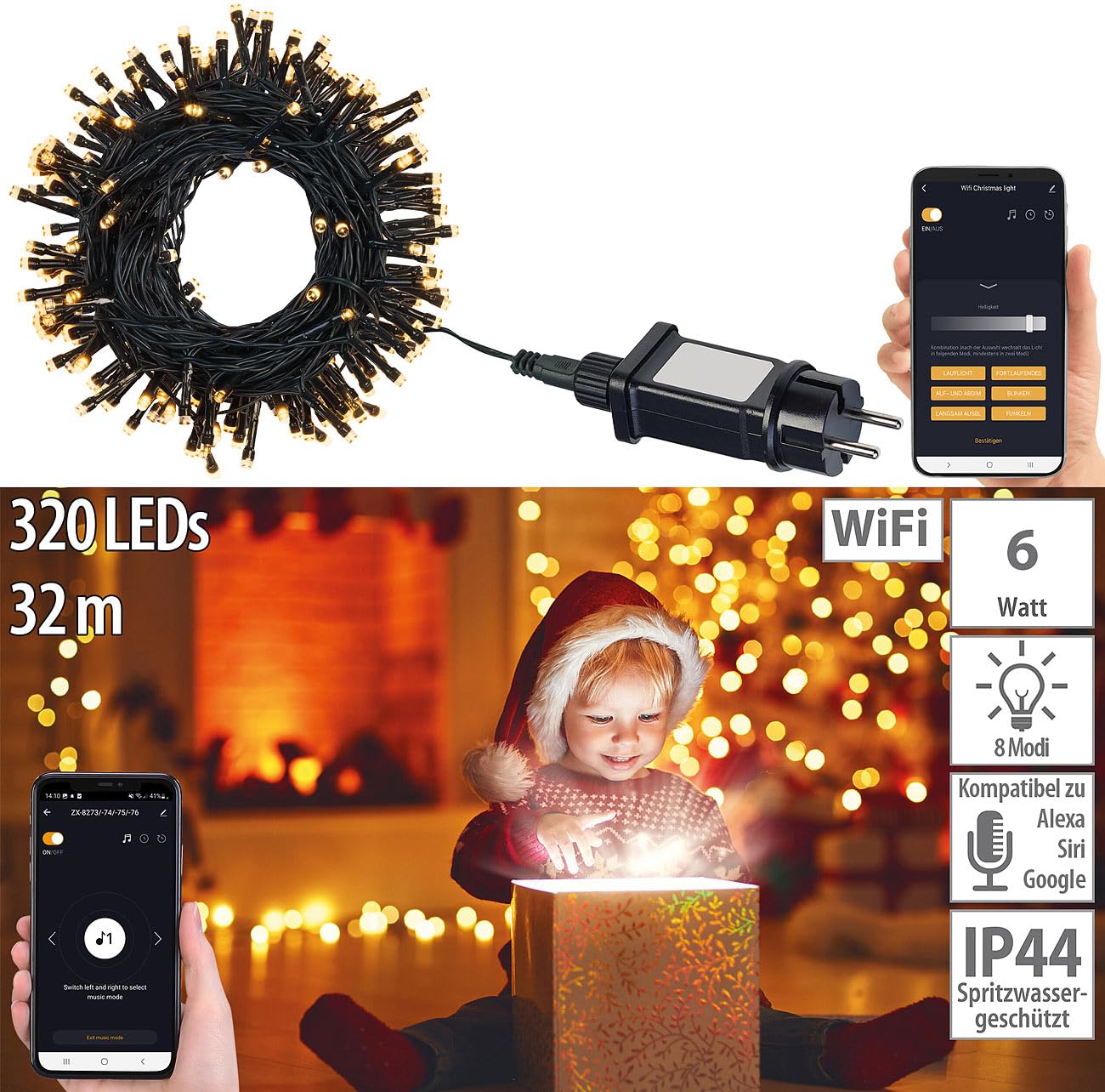Lunartec Licht-Dekoration WLAN-Lichterkette 32m warmweiß 320 LEDs