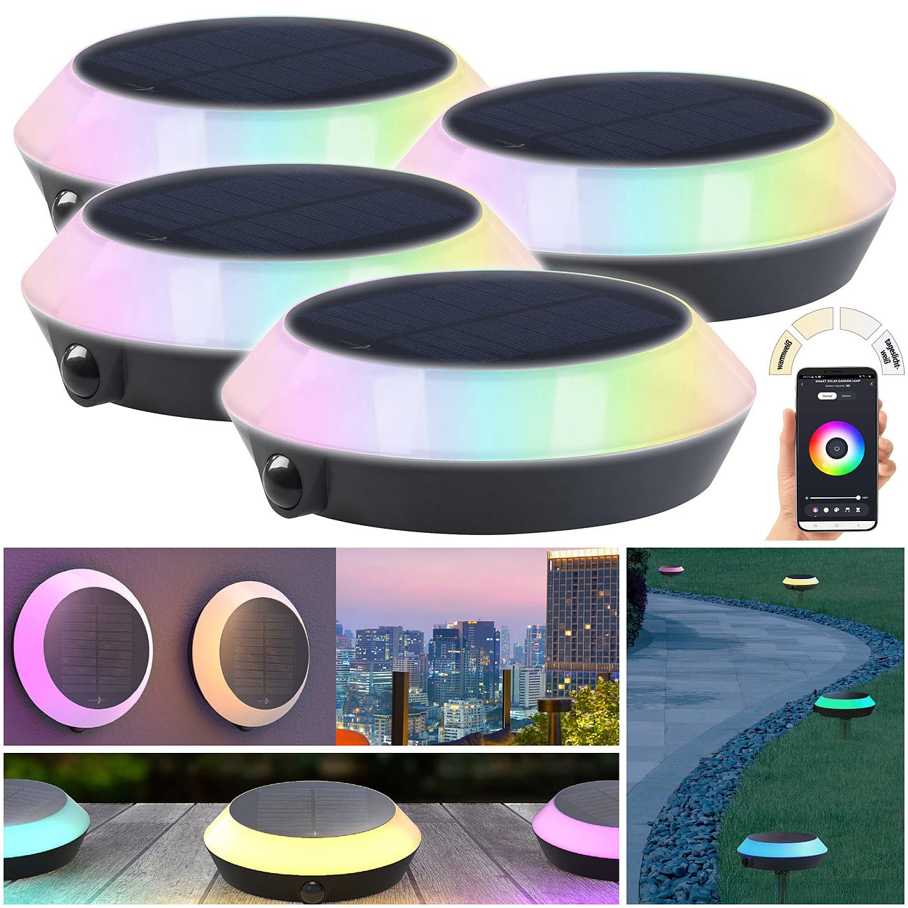 Lunartec Außenbeleuchtung Solarleuchte RGB-CCT 4er-Set App