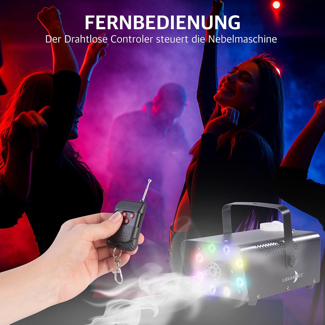 Lunartec Licht-Dekoration Nebelmaschine 700W RGB 300ml Fernbedienung