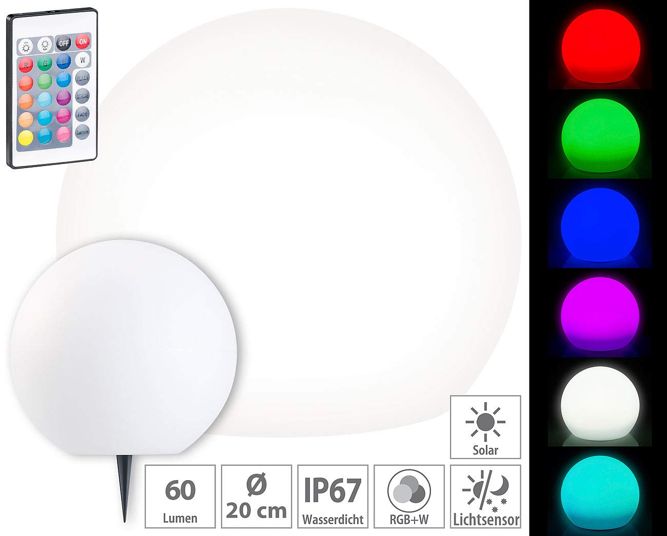 Lunartec Solarkugel Garten LED 20 cm RGBW mit Fernbedienung