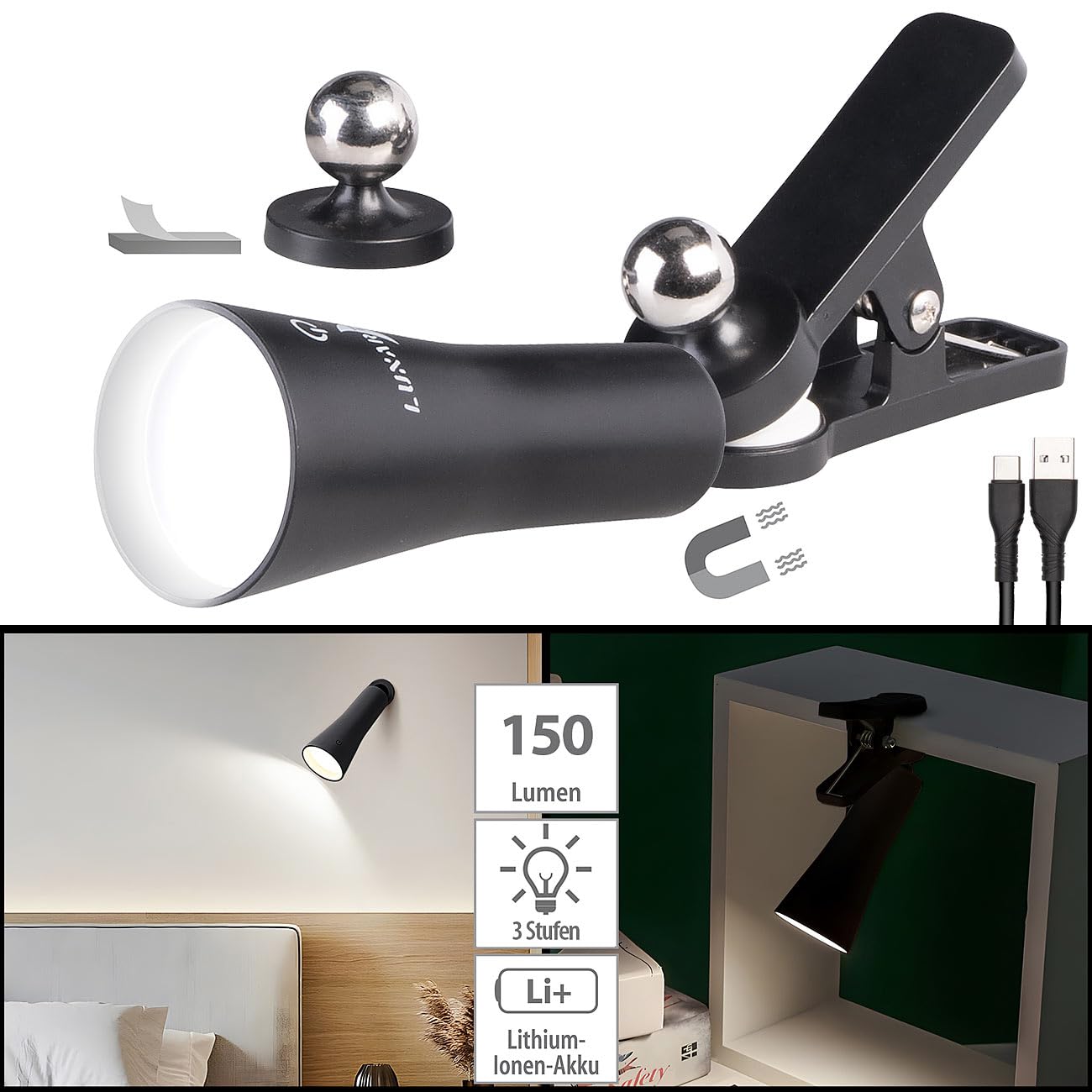 Lunartec 3in1 Akku-Klemmlampe 150 lm schwarz