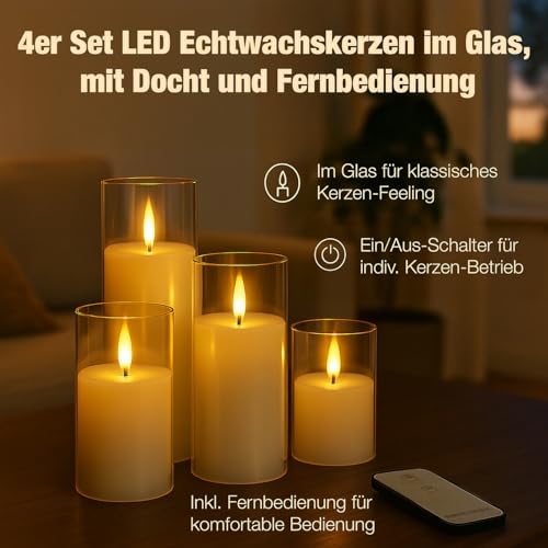 Lunartec Licht-Dekoration LED-Echtwachskerzen 4er-Set weiß Glas