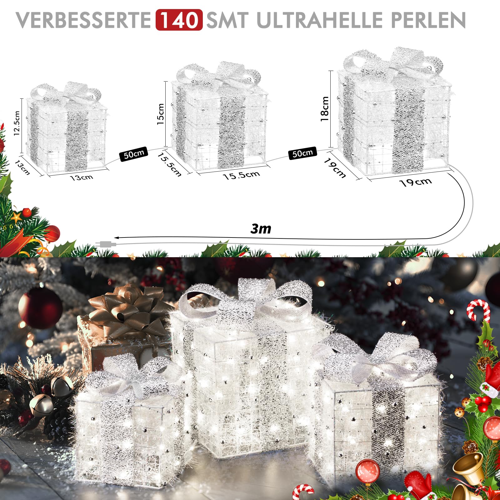 elktry LED Geschenkbox 3er Set silber mit Timer 140 LEDs