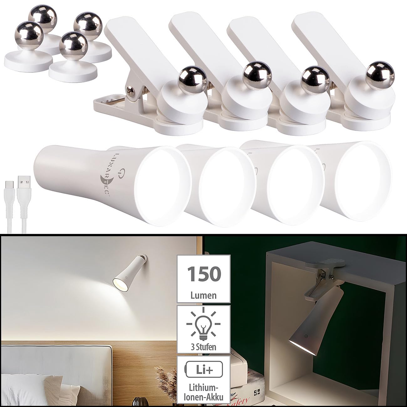 Lunartec Taschenlampen 3in1 Akku-Lampe weiß 4er-Set 150 lm